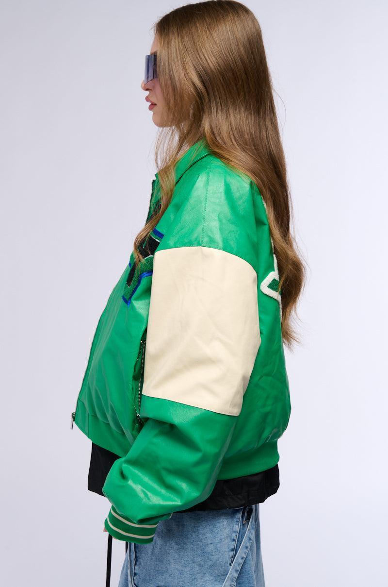 NUEVA YORK VARSITY PATCH FAUX LEATHER BOMBER JACKET Product Image