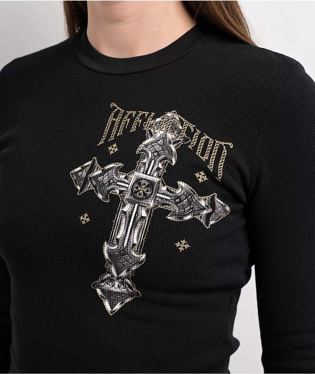 Affliction Venetian Fleet Black Thermal Long Sleeve Crop T-Shirt Product Image