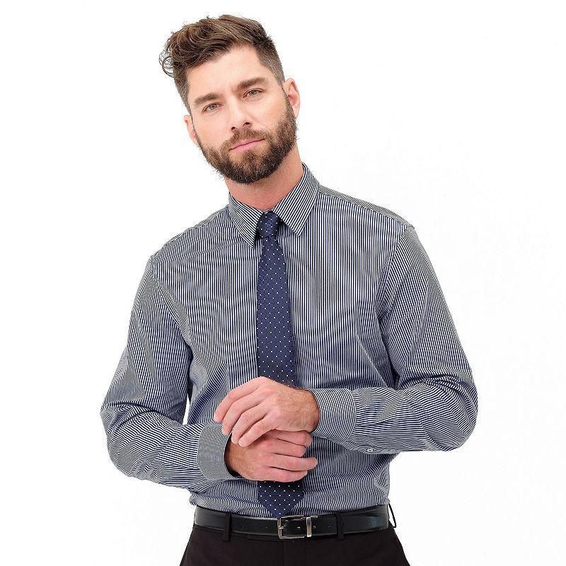 Men's Nick Graham Modern-Fit Stretch Dress Shirt & Tie Set, Size: Medium-34/35, Navy Gray Stripe Product Image