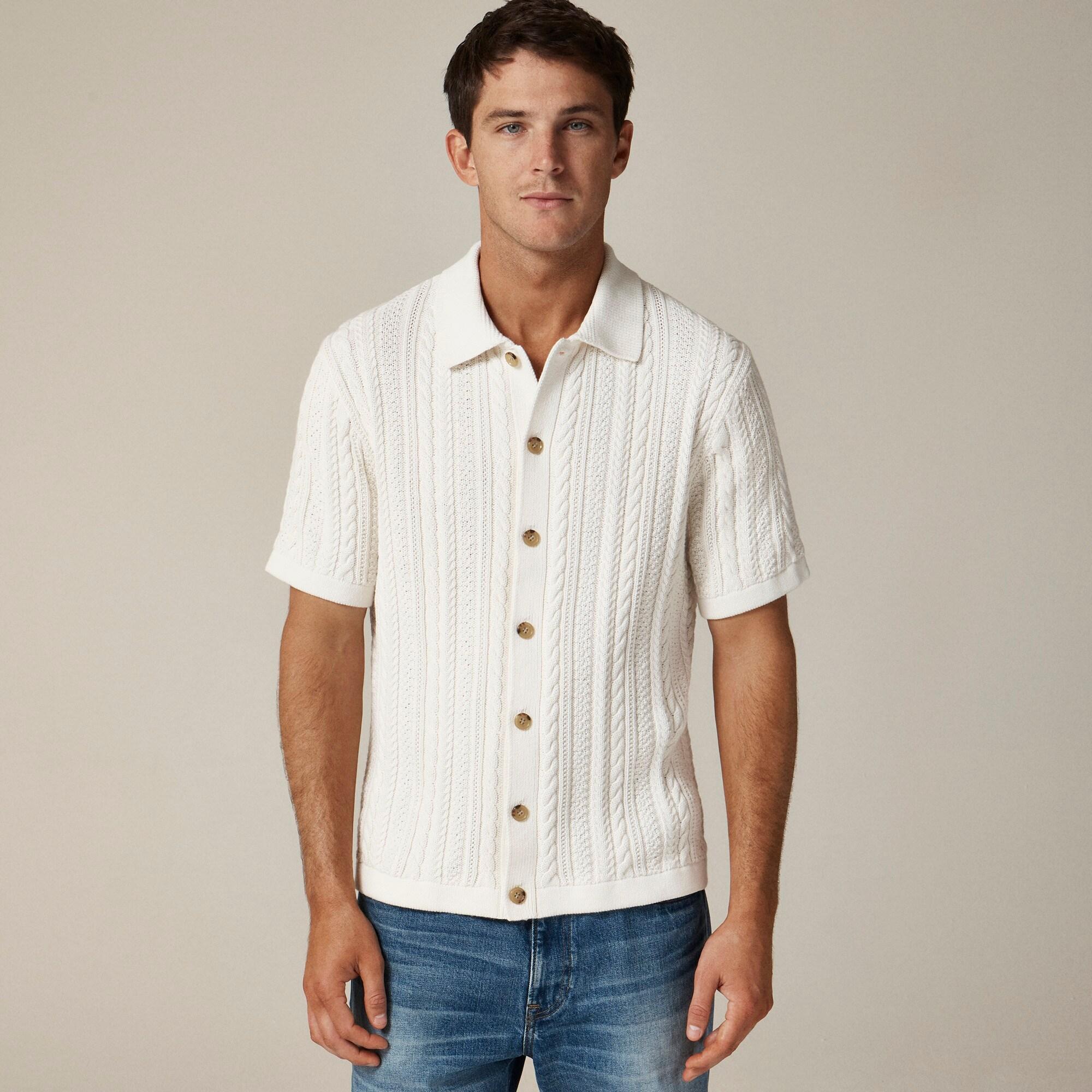 Short-sleeve cotton cable-knit cardigan sweater-polo Product Image