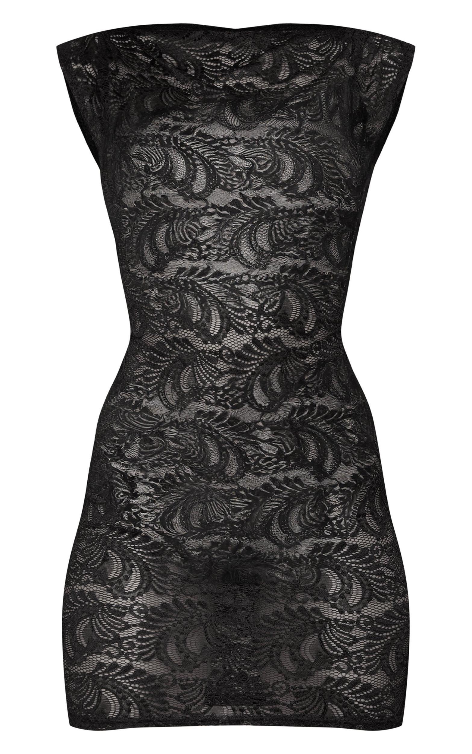 Black Lace Boat Neck Mini Dress Product Image