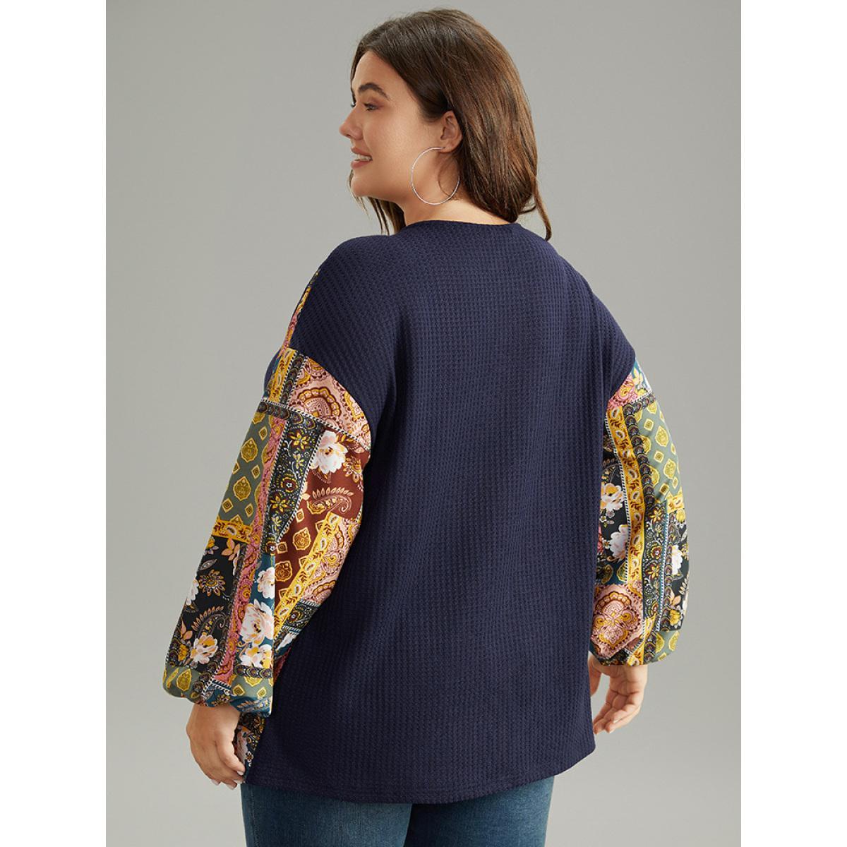 Plus Size Boho Print Button Up Patchwork Lantern Sleeve Sweatshirt DarkBlue Women Casual Elastic cuffs Bohemian Print Open Front Dailywear T-shirts BloomChic 30/6X Product Image