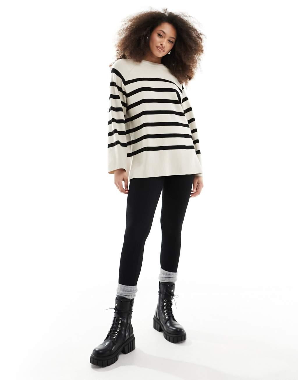 Object knitted round neck sweater in cream mono stripe Product Image