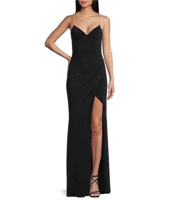 Midnight Doll V-Neck Rhinestone Spaghetti Strap Side Slit Lace Up Back Dress Product Image
