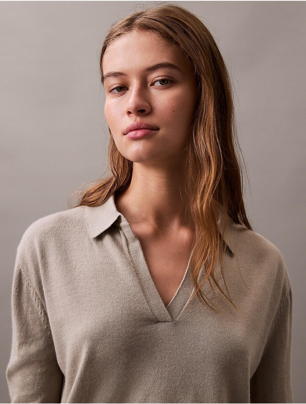 Calvin Klein Women's Extra Fine Merino Blend Polo Sweater - Neutral - XL Product Image