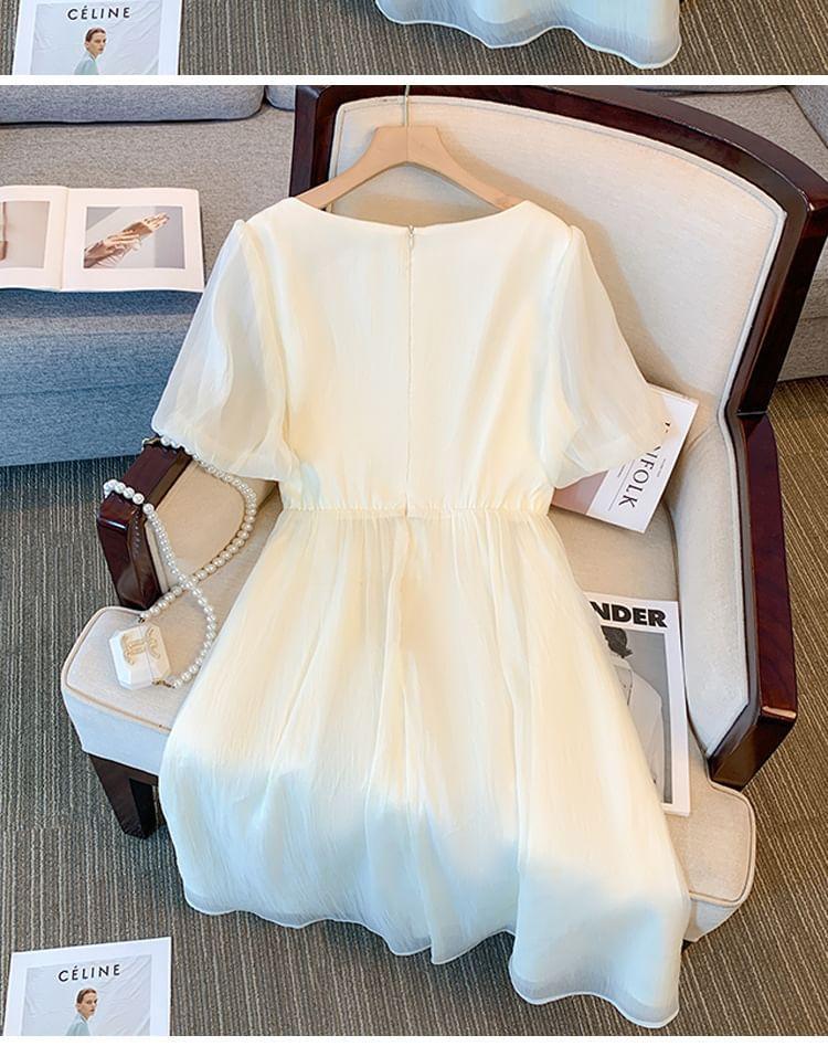 Short-Sleeve Plain Rhinestone Accent Frill Trim Midi A-Line Dress Product Image