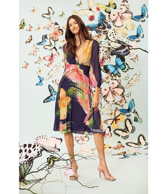 Maggy London Printed Chiffon Pleated V Neckline Long Sleeve Midi Dress Product Image