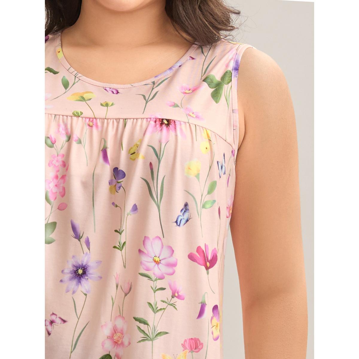 Plus Size Floral Print Flowy Pleated Tank Top Women Multicolor Gathered Round Neck Everyday-Casual Tank Tops Camis BloomChic 28/5X Product Image