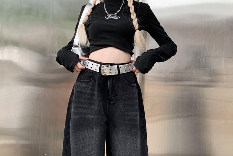 High Waist Washed Frayed Wide Leg Jeans Product Image