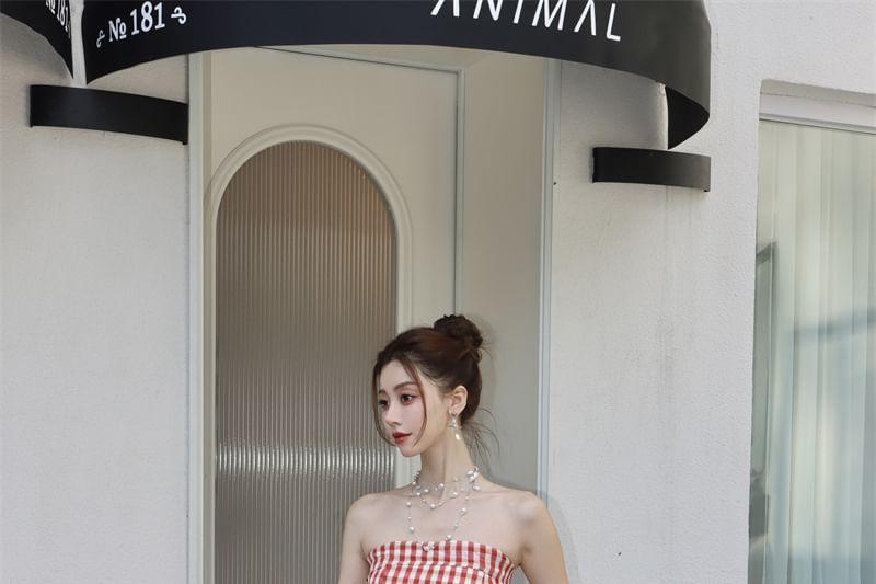 Strapless Gingham Lace Panel Ruched Maxi A-Line Dress Product Image