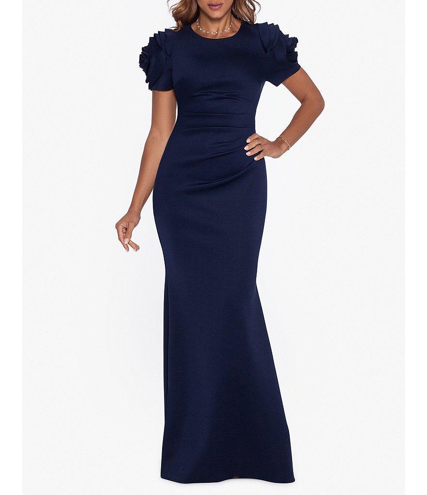 Xscape Rosette Short Sleeve Ruched Back Sheath Gown Product Image