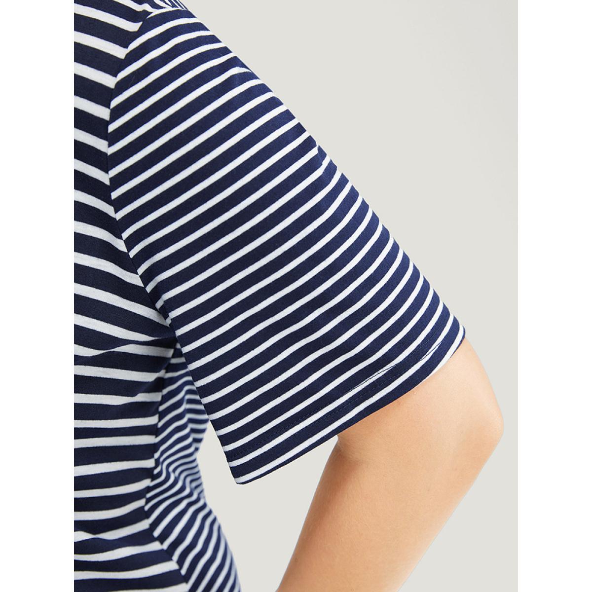 Plus Size Striped Print Crew Neck Pocket T-shirt Navy Women Casual Striped Round Neck Dailywear T-shirts BloomChic 22-24/3X Product Image