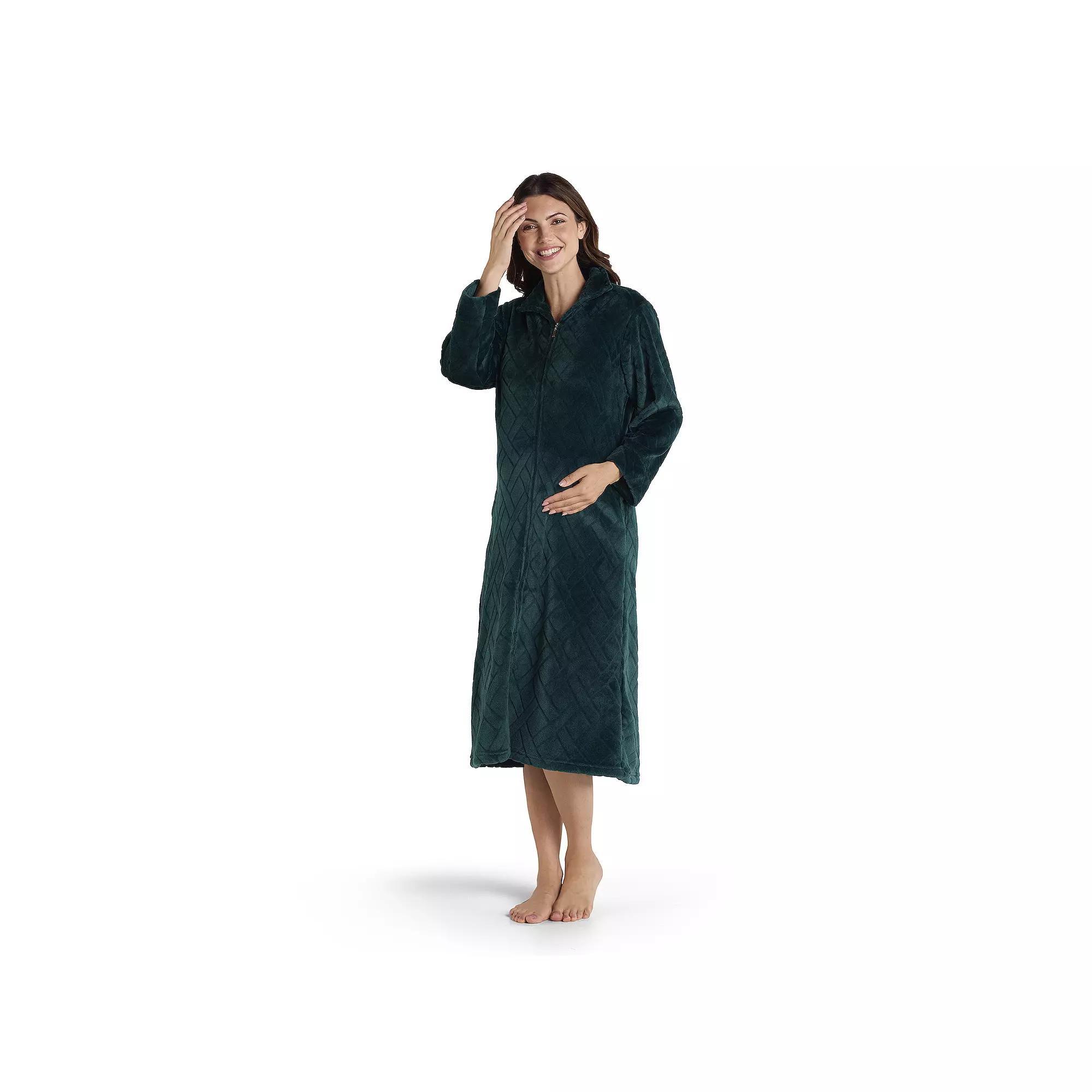 Petite Miss Elaine Essentials French Fleece Long Zip Robe, Women's, Size: Small Petite, Green Product Image