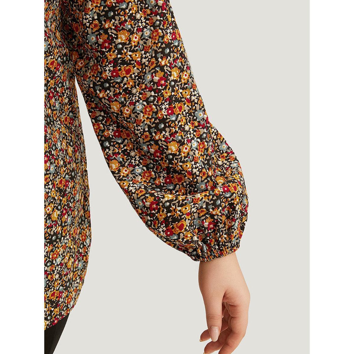 Plus Size Multicolor Ditsy Floral Notched Frill Trim Blouse Women Elegant Long Sleeve Notched collar Dailywear Blouses BloomChic 30/6X Product Image