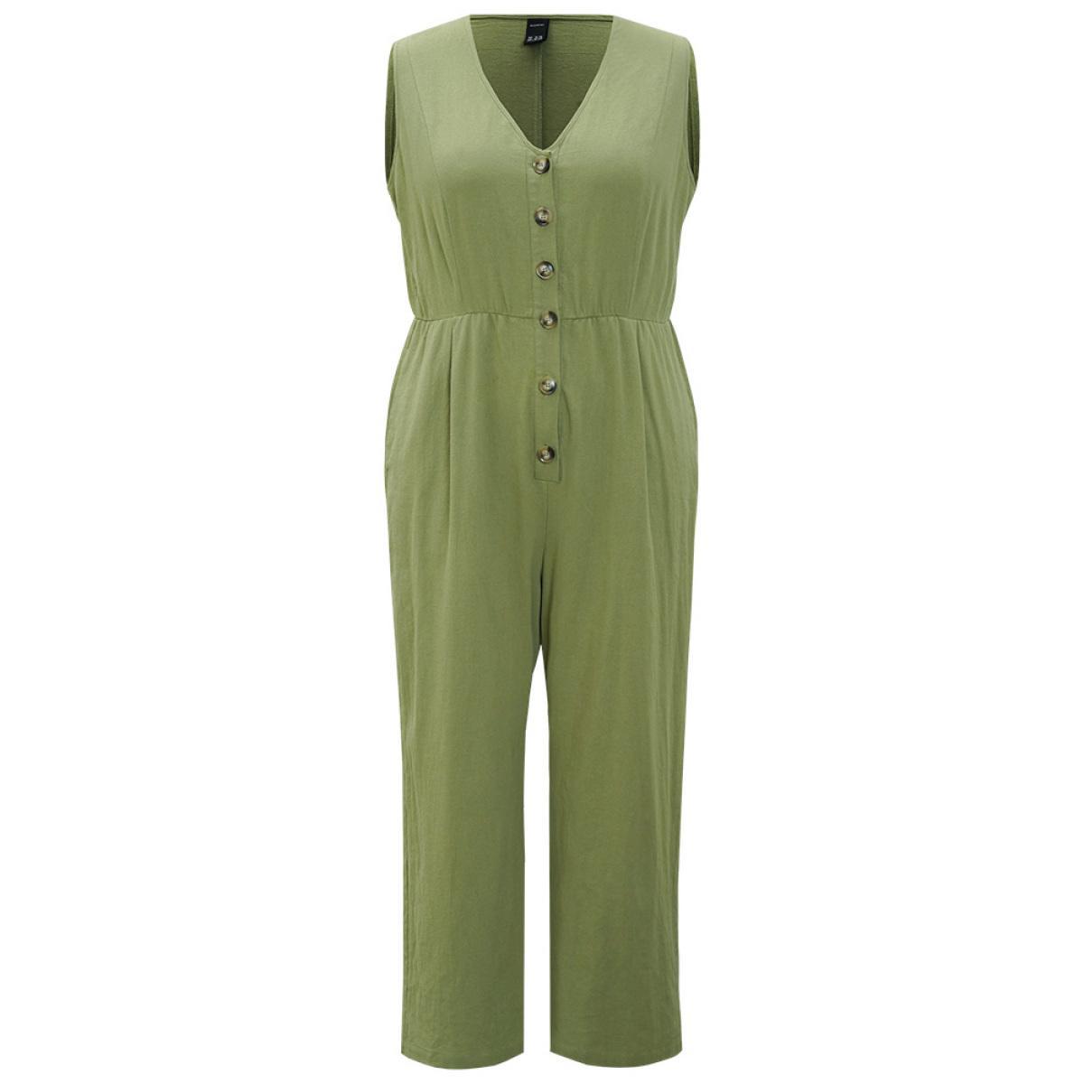 Plus Size Sage Plain Pocket Button Through Tank Jumpsuit Women Office Sleeveless V-neck Work Loose Jumpsuits BloomChic 26/4X Product Image