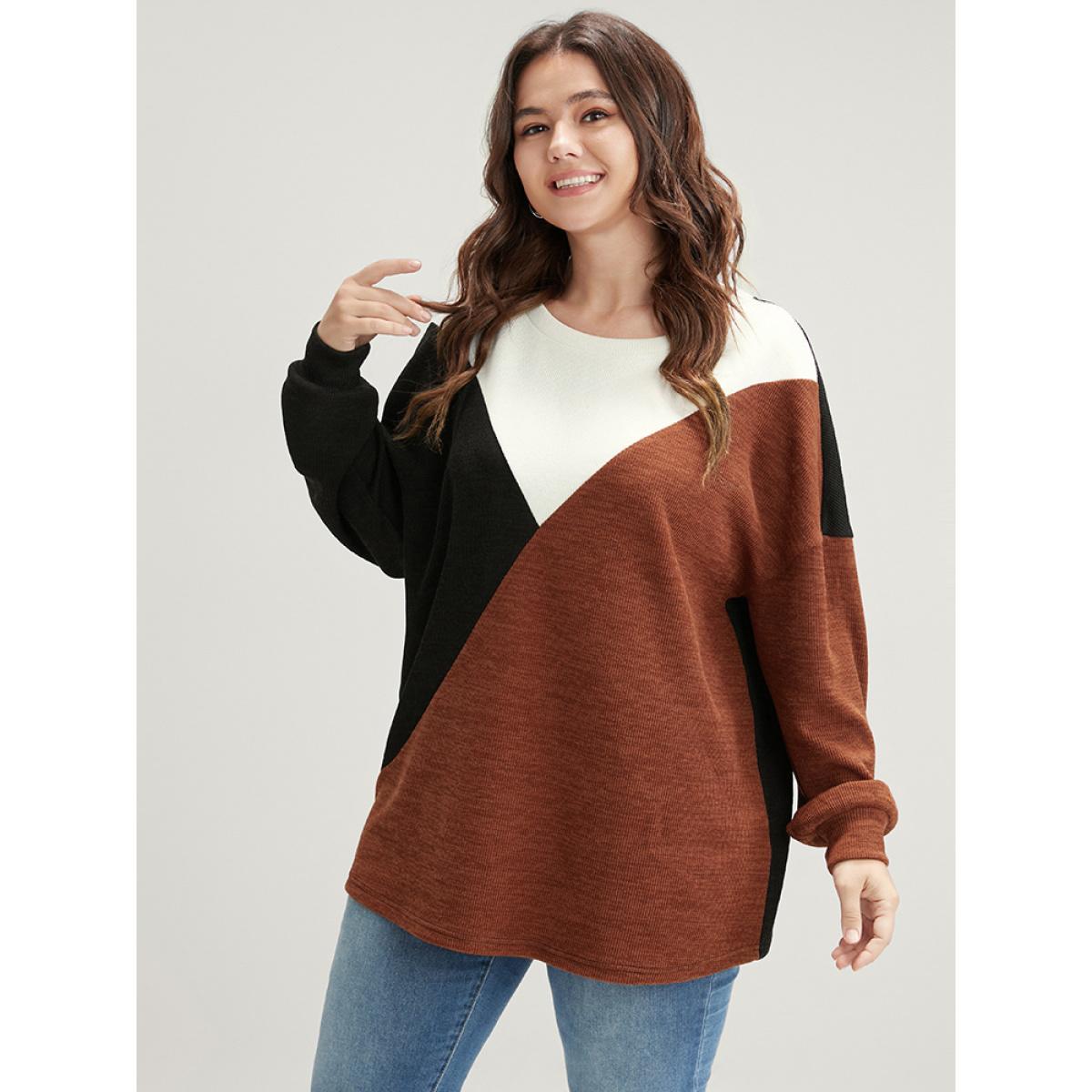 Plus Size Colorblock Contrast Rib Knit Drop Shoulder Sweatshirt Women Multicolor Elegant Patchwork Round Neck Dailywear Sweatshirts BloomChic 22-24/3X Product Image