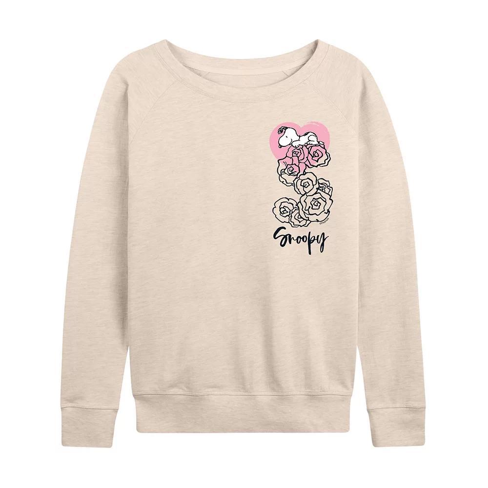 Women's Peanuts Snoopy Valentines Roses French Terry Long Sleeve Tee, Size: Small, Beige Product Image
