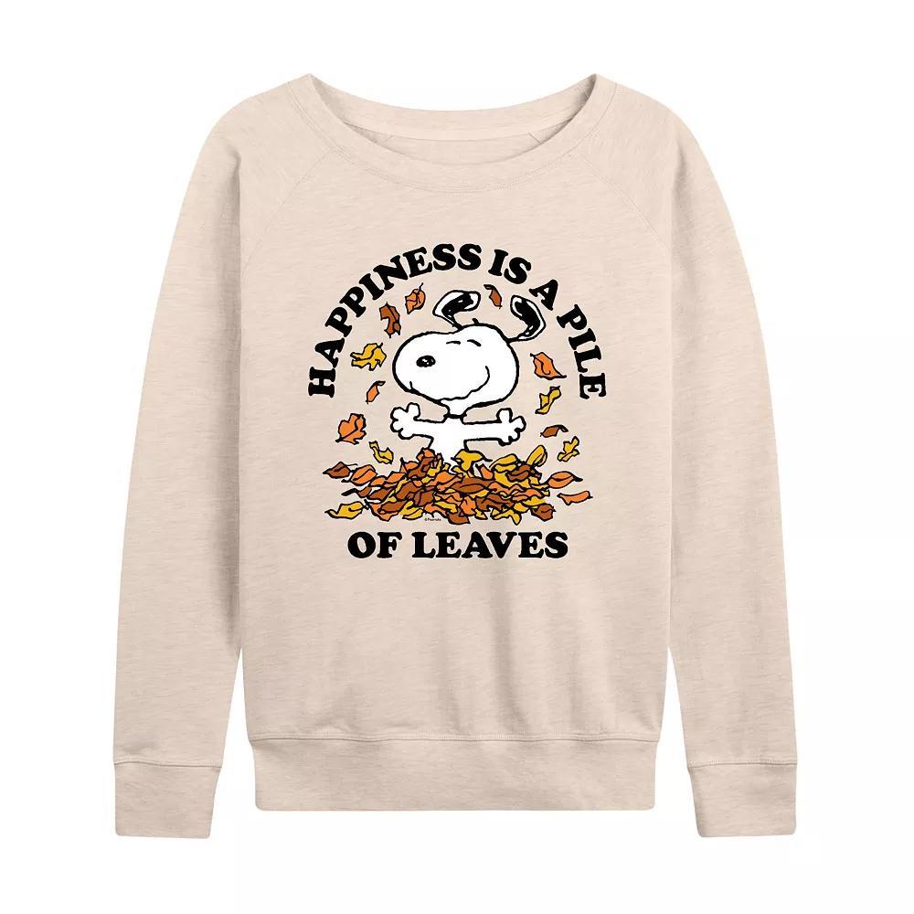 Women's Peanuts Snoopy Pile Of Leaves French Terry Long Sleeve Tee, Size: Medium, Beige Product Image