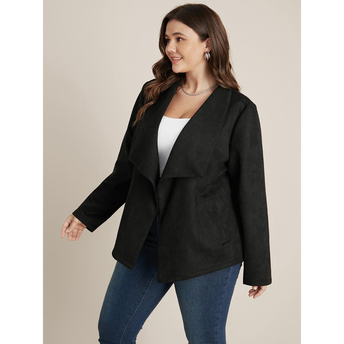 Plus Size Solid Waterfall Collar Pocket Coat Women Black Office Pocket Ladies Work Winter Coats BloomChic 18-20/2X Product Image