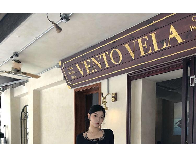 Long Sleeve Scoop Neck Plain Cutout Ribbed Knit Top / Halter Leopard Print Top Product Image