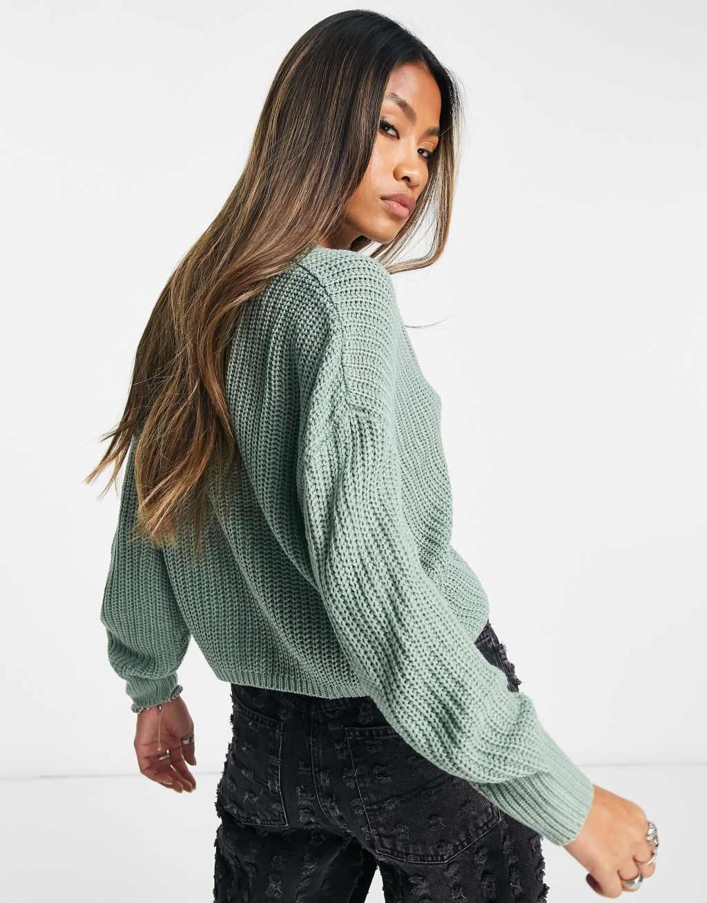 Only ribbed knit button down cardigan in green  Product Image