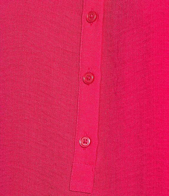 Investments Petite Size Woven Short Sleeve Point Collar Partial Button Front Top Product Image