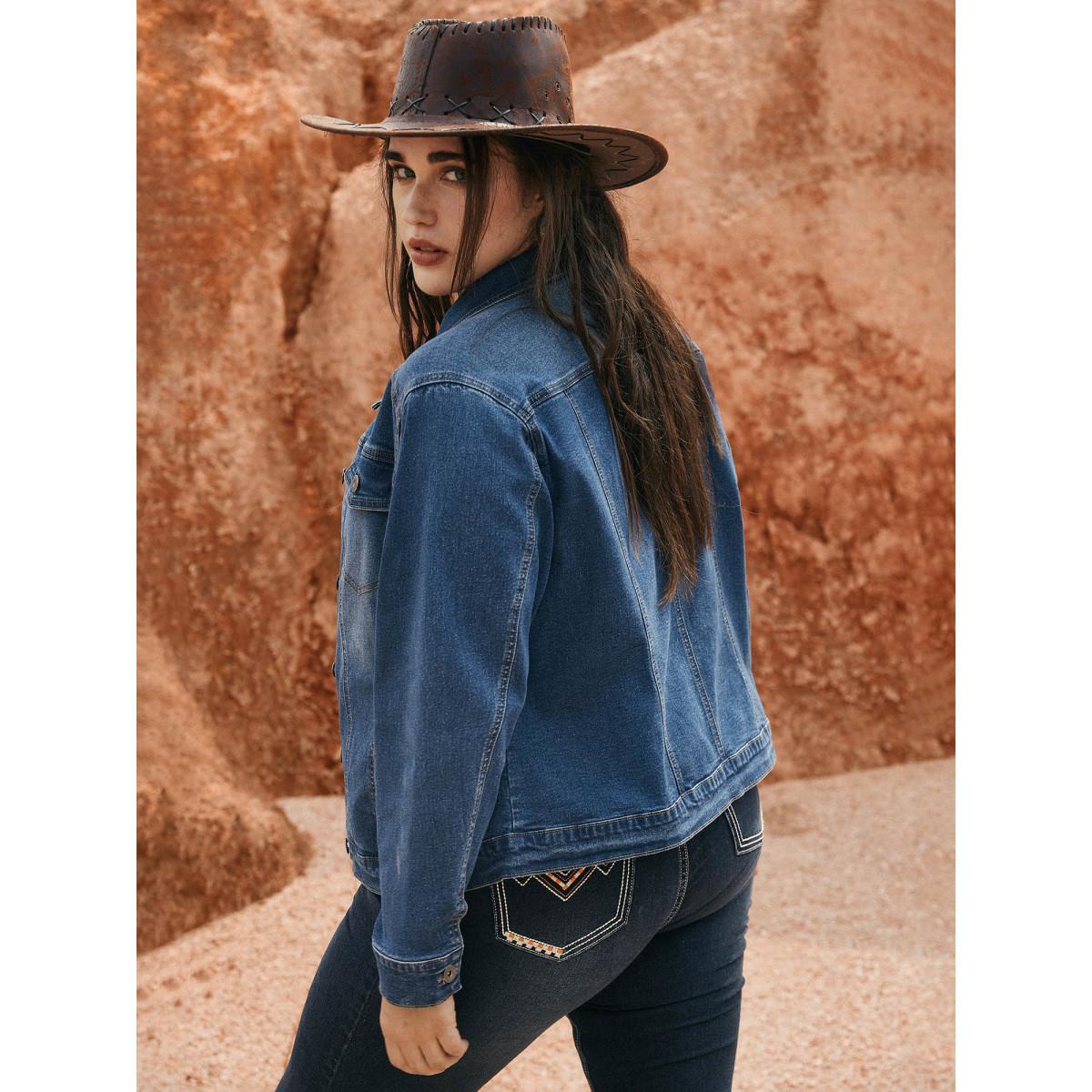 Women Stretch Denim Pockets Slim-Fit Jacket Midblue Plus Size Button Everyday Slanted pocket Casual Denim Jackets BloomChic 10/M Product Image