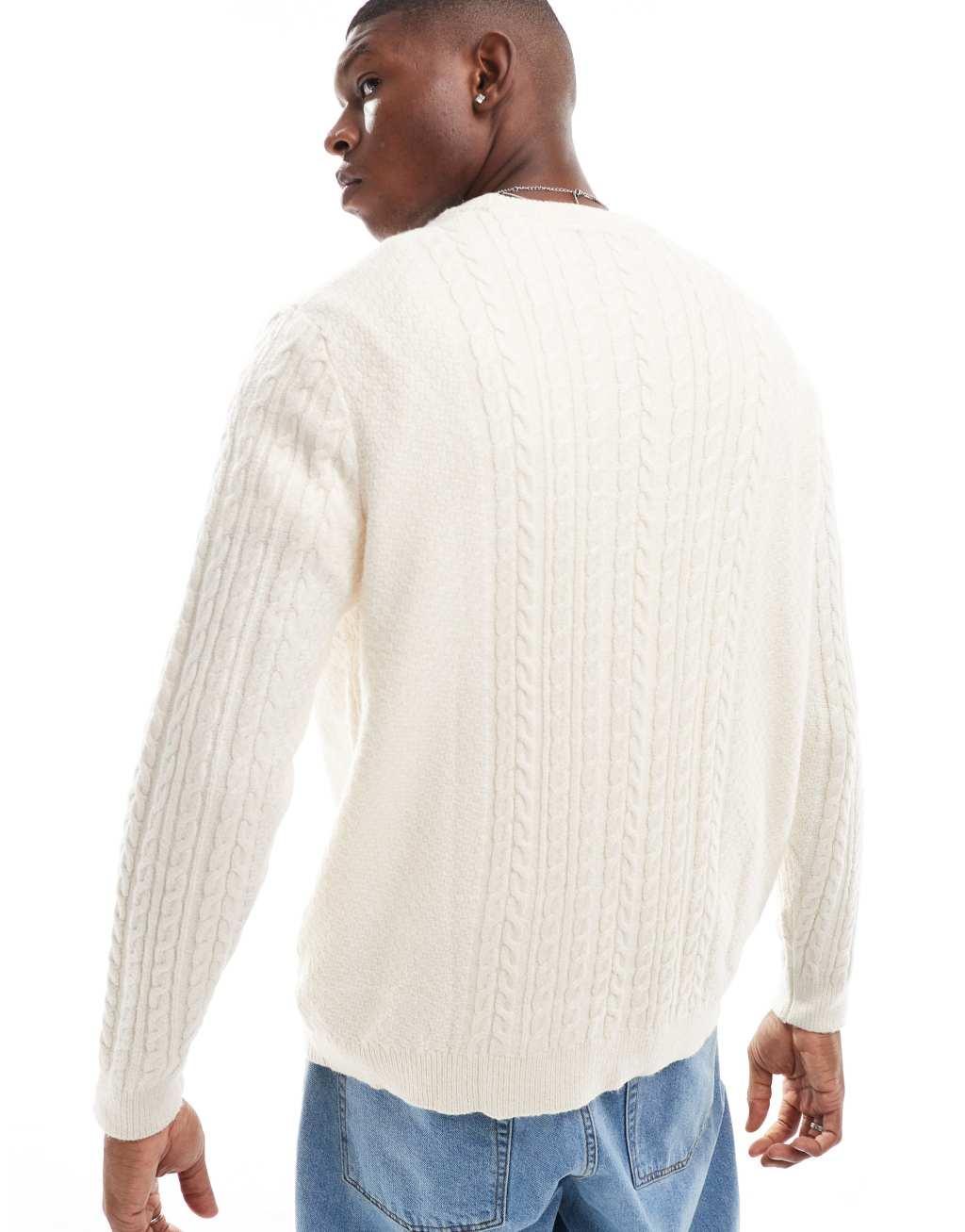 ASOS DESIGN relaxed slouchy crew neck cable knit sweater in white Product Image