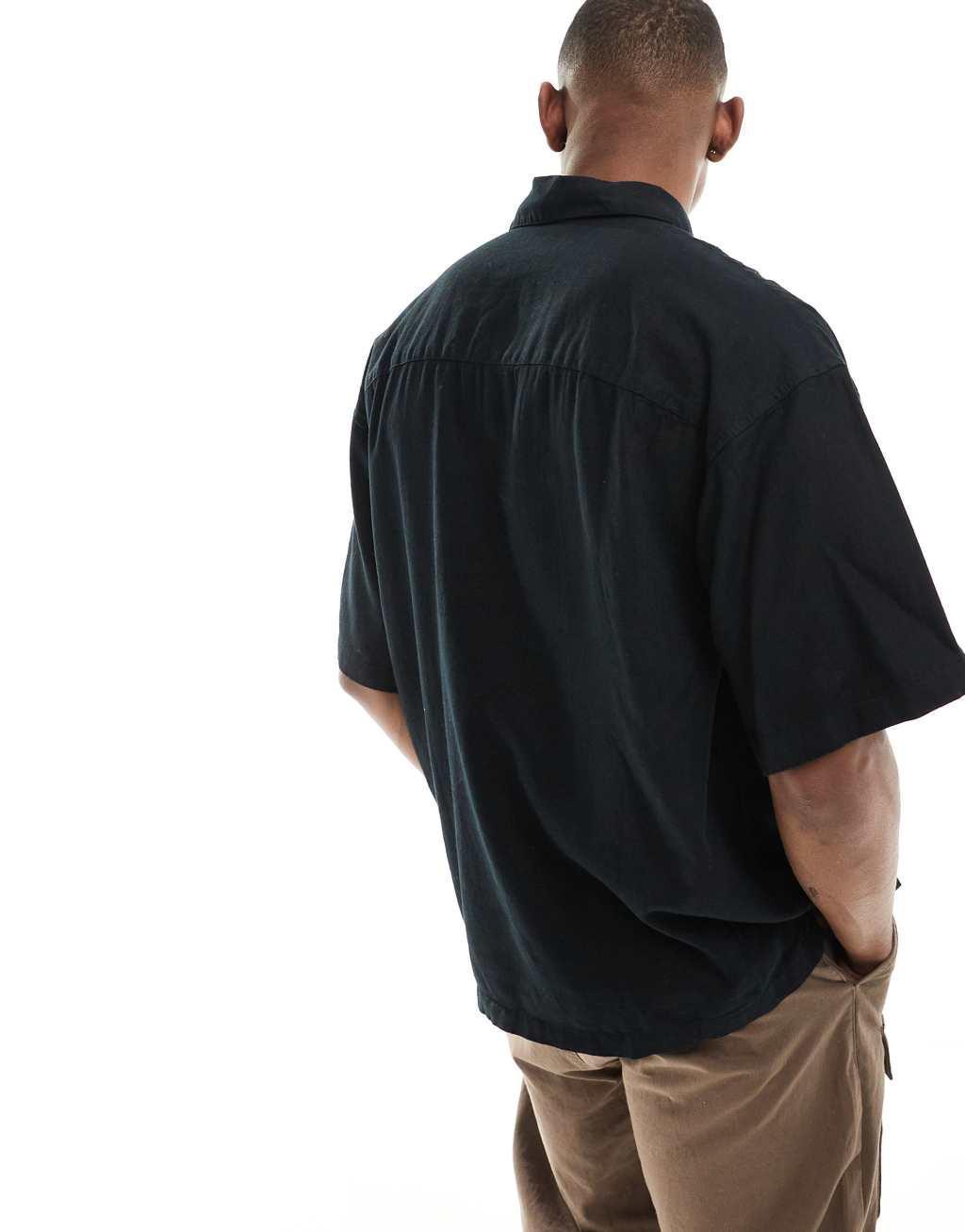Jack & Jones super oversized button down linen mix shirt in black  Product Image
