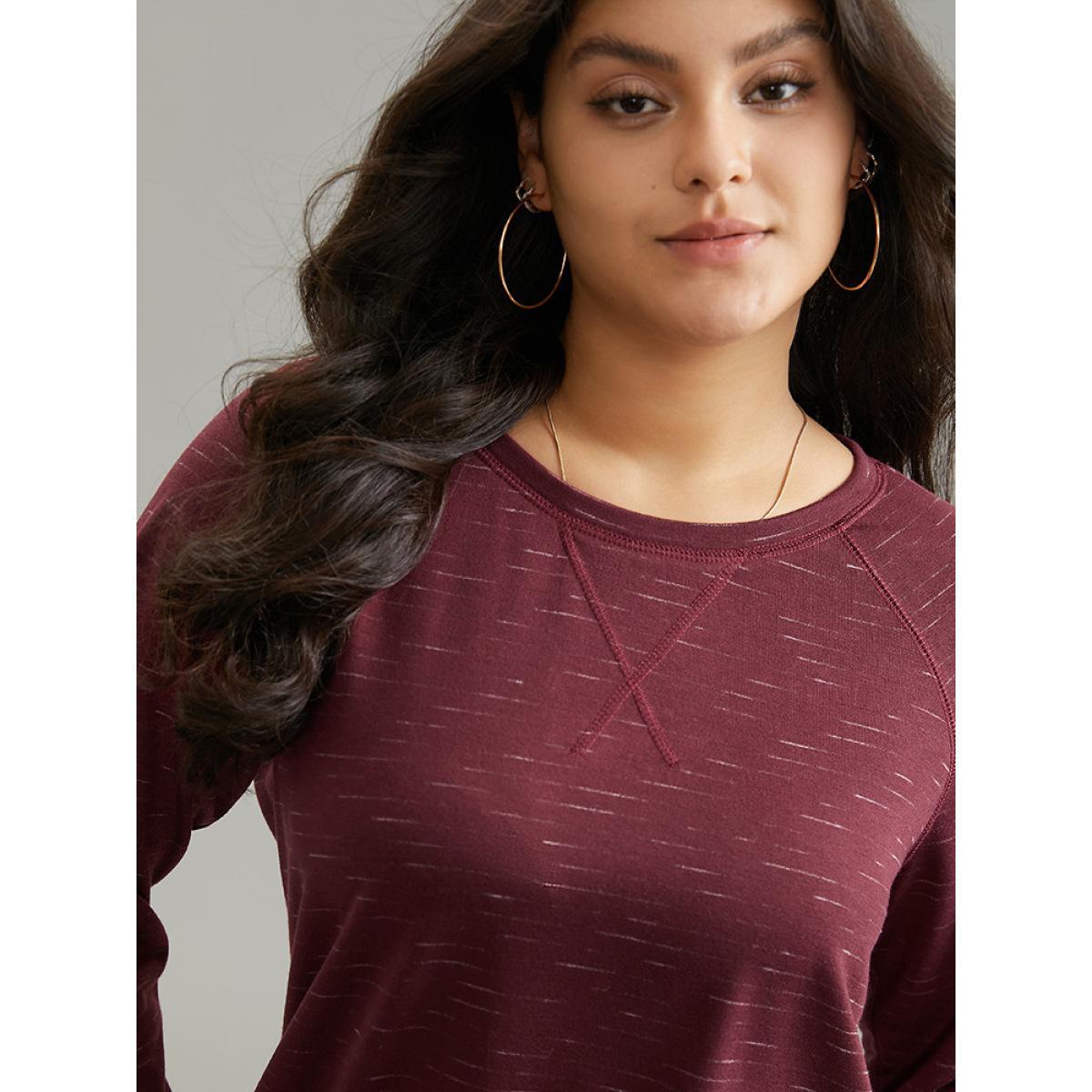 Plus Size Plain Stitch Raglan Sleeve Round Neck Sweatshirt Women Burgundy Casual Plain Round Neck Everyday Sweatshirts BloomChic 22-24/3X Product Image