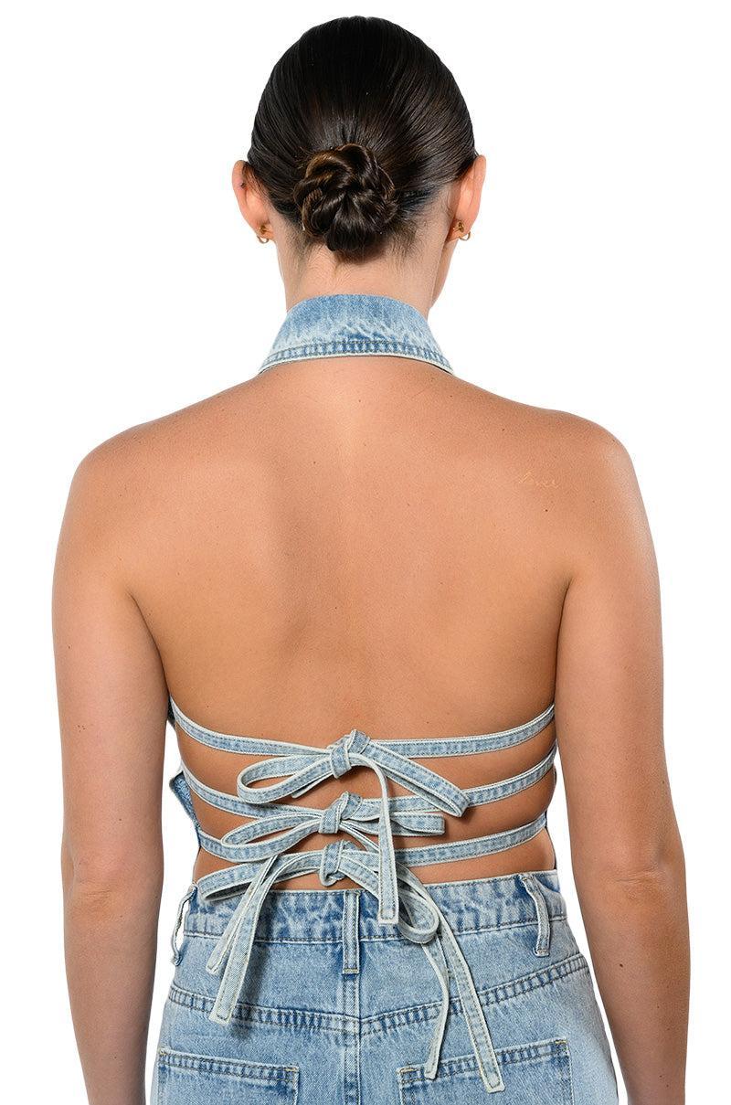 ANGELICA DENIM BUTTON DOWN COLLAR CORSET TOP Product Image