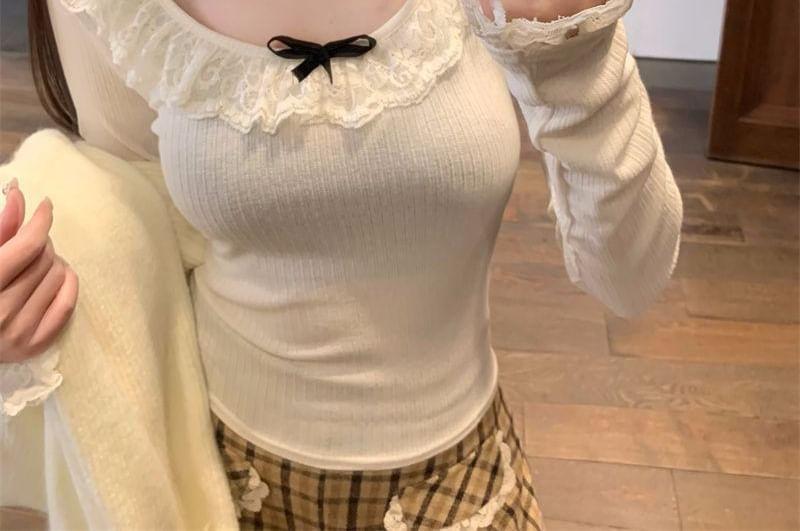 Long Sleeve Scoop Neck Plain Ruffle Lace Trim Tee Product Image