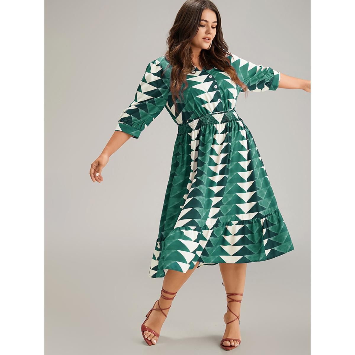 Plus Size Geometric Shirred Button Up Ruffle Hem Dress Aegean Women Vacation Printed Notched collar Elbow-length sleeve Curvy Midi Dress BloomChic 18-20/2X Product Image