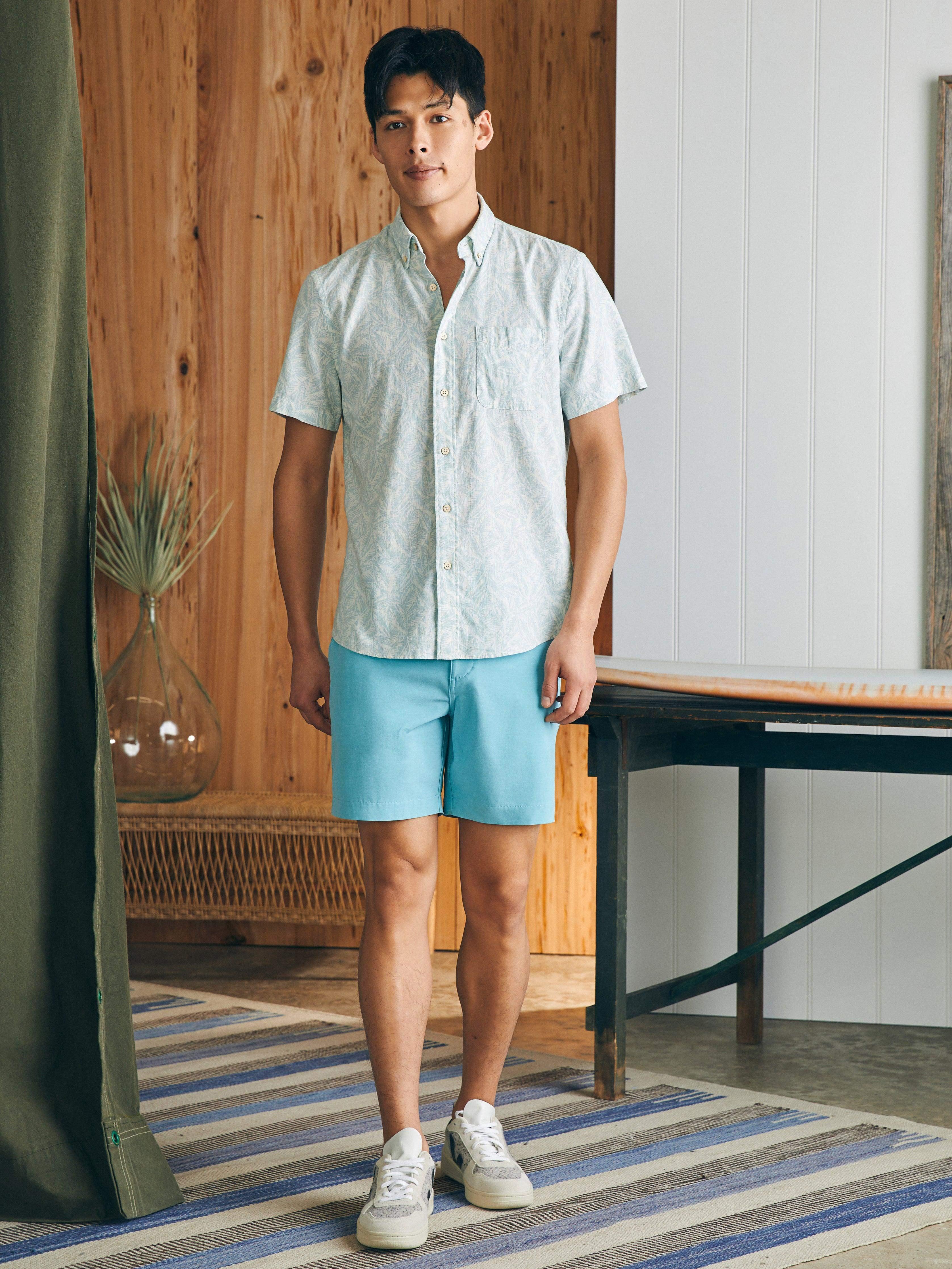 Short-Sleeve Breeze Shirt - Teal Jungle Leaf Print Male Product Image