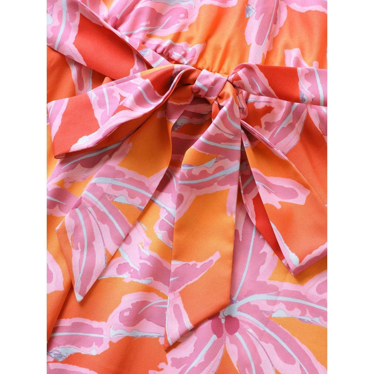 Plus Size Tropical Hand Painted Halter Belt Gathered Dress Pink Women Resort Gathered Halter neck Sleeveless Curvy BloomChic 14-16/1X Product Image