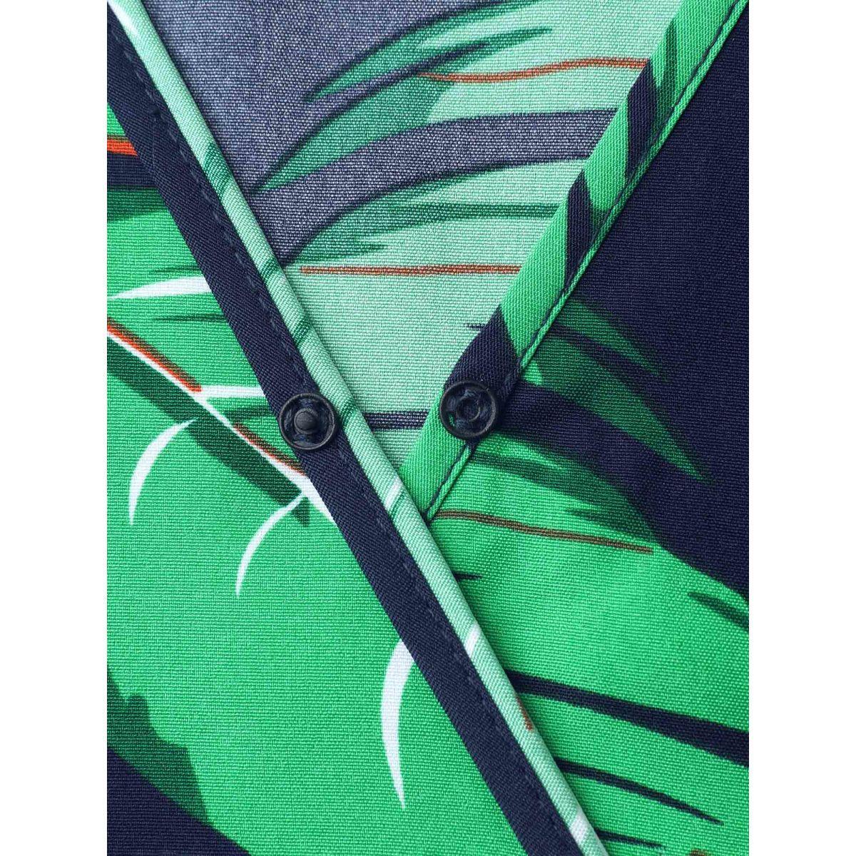 Plus Size Tropical Leaf Print Surplice Neck Midi Dress DarkBlue Women Resort Overlapping Overlap Collar Short sleeve Curvy BloomChic 26/4X Product Image