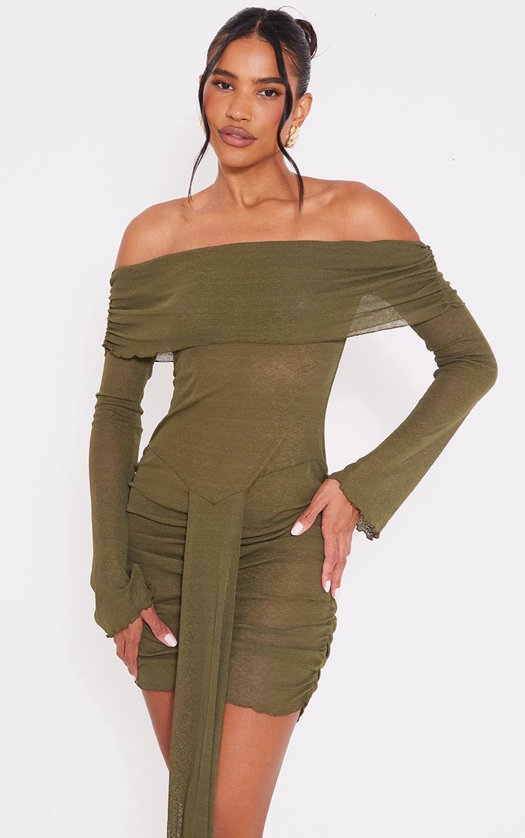 Olive Burnout Mesh Long Sleeve Bardot Ruched Bodycon Dress Product Image