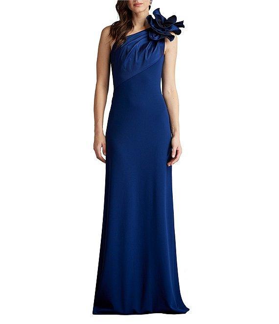 Tadashi Shoji Crepe One Shoulder Sleeveless Taffeta Flower Applique Gown Product Image