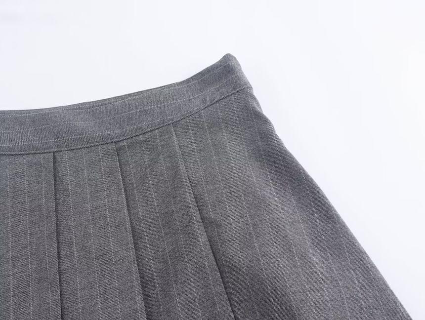 High Waist Pinstriped Pleated Midi A-Line Skirt Product Image