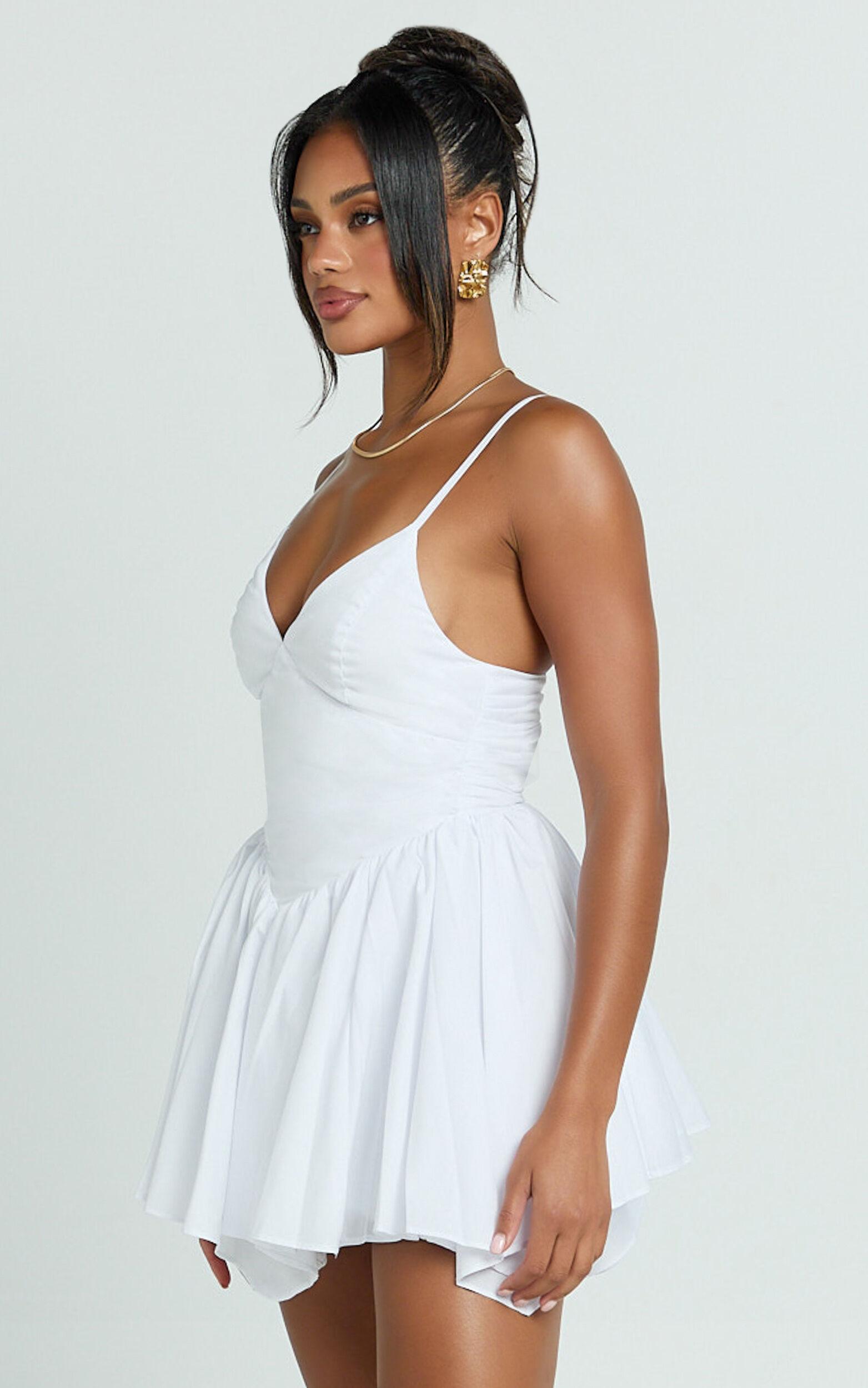 Julie Mini Dress - V Neck Drop V Waist Pleated Dress in White Product Image