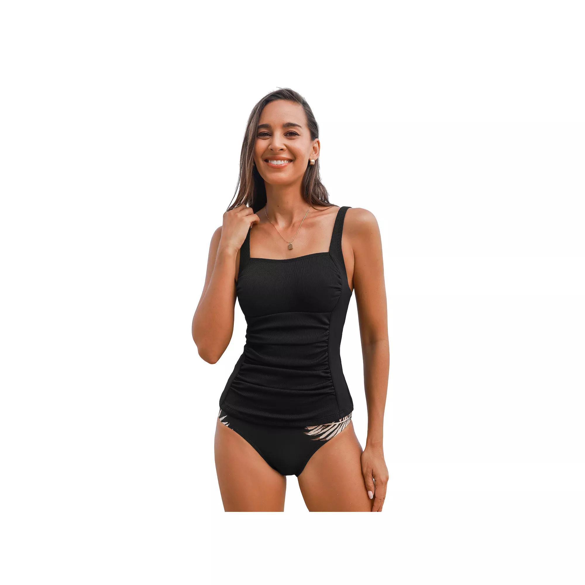 Women's Cupshe 2-pc. Tummy Control Floral Tankini Swim Top & Swim Bottoms Set, Size: XL, Black Product Image