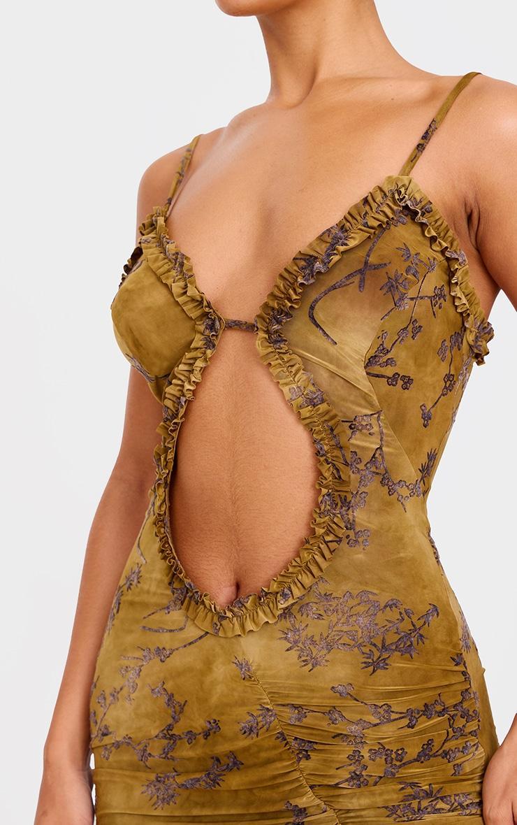 Green Floral Printed Devore Cut Out Cami Split Hem Maxi Dress Product Image