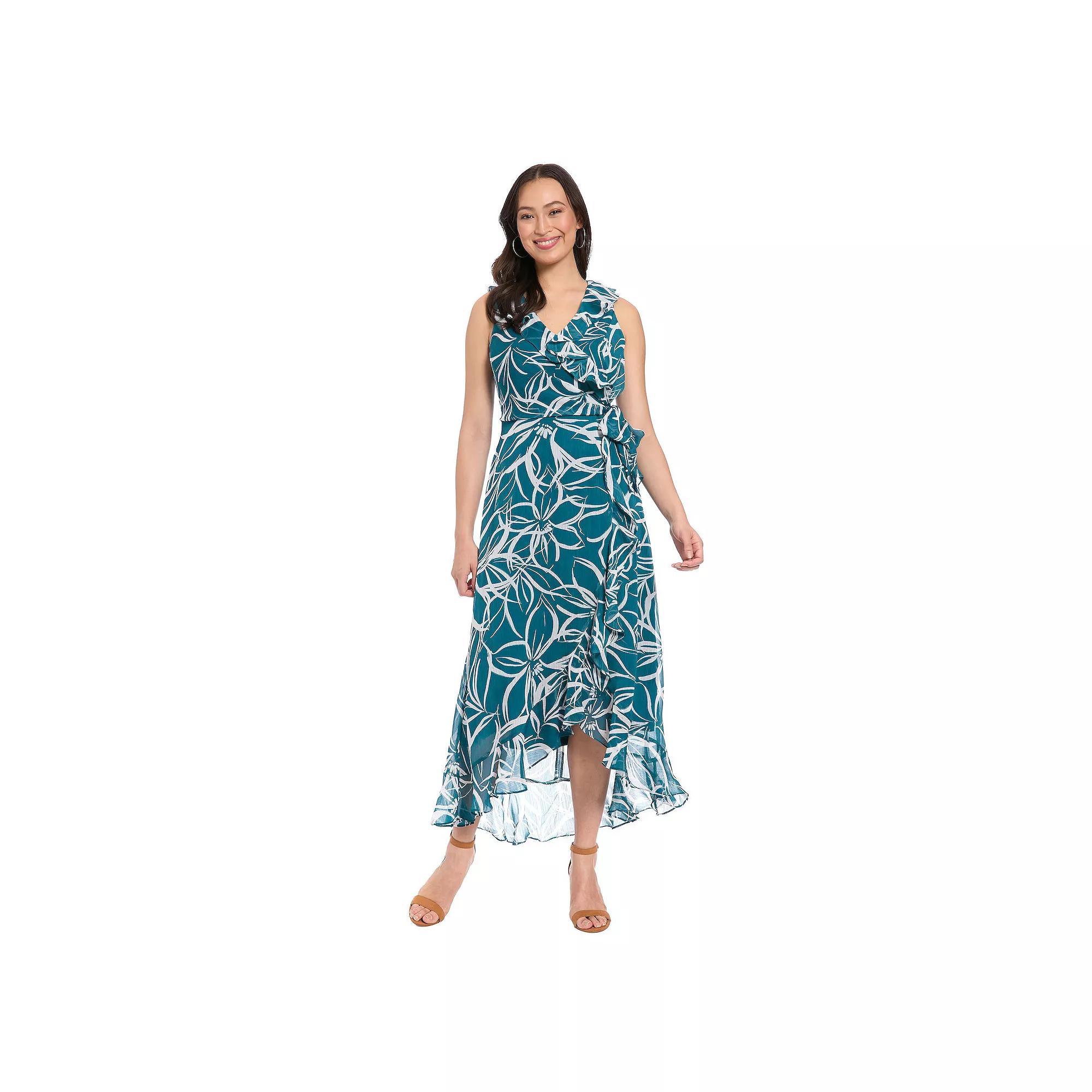 Women's London Times Ruffled Chiffon Maxi Dress, Size: 12, Teal White Product Image
