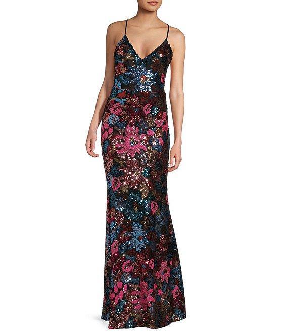 Midnight Doll Floral Sequin V-Neck Lace-Up Back Long Dress Product Image