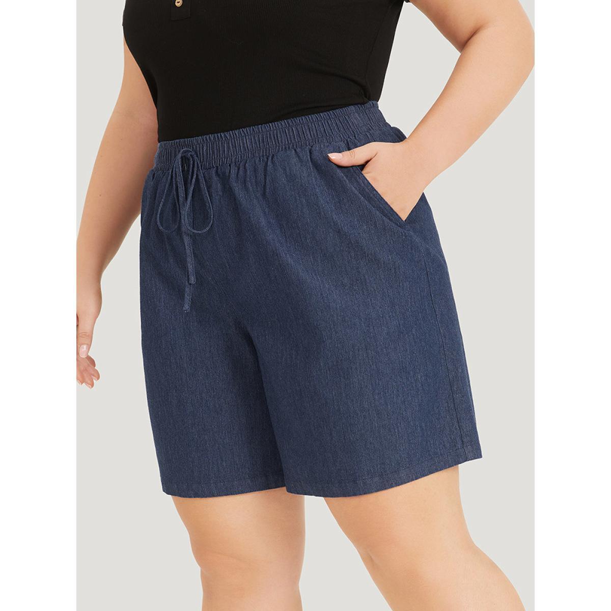 Plus Size Plain Ties Elastic Waist High Rise Shorts Women Indigo Casual Plain Dailywear Shorts BloomChic 22-24/3X Product Image