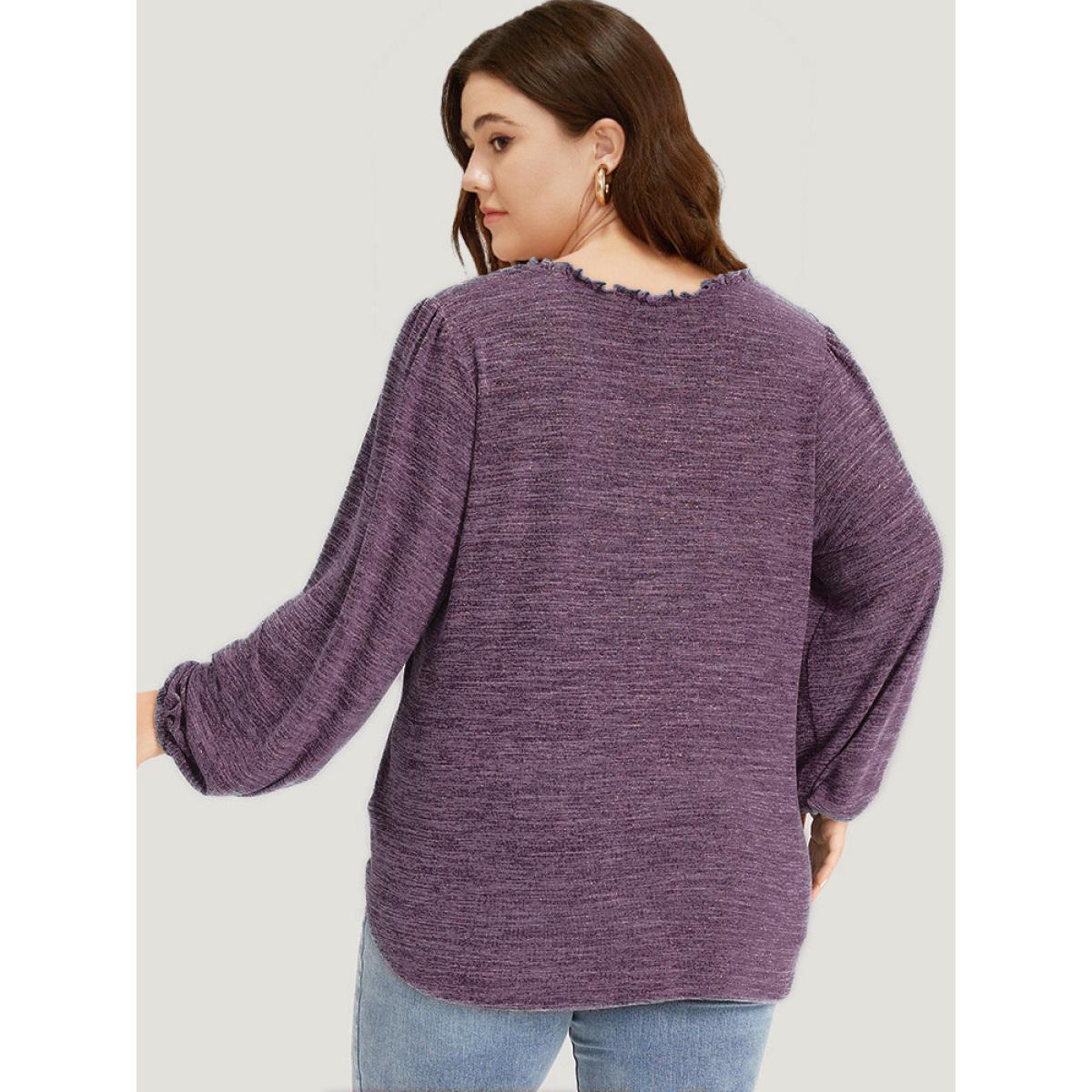 Plus Size Lace Insert Curved Hem Lantern Sleeve Sweatshirt Women Purple Elegant Elastic cuffs V-neck Dailywear Sweatshirts BloomChic 18-20/2X Product Image