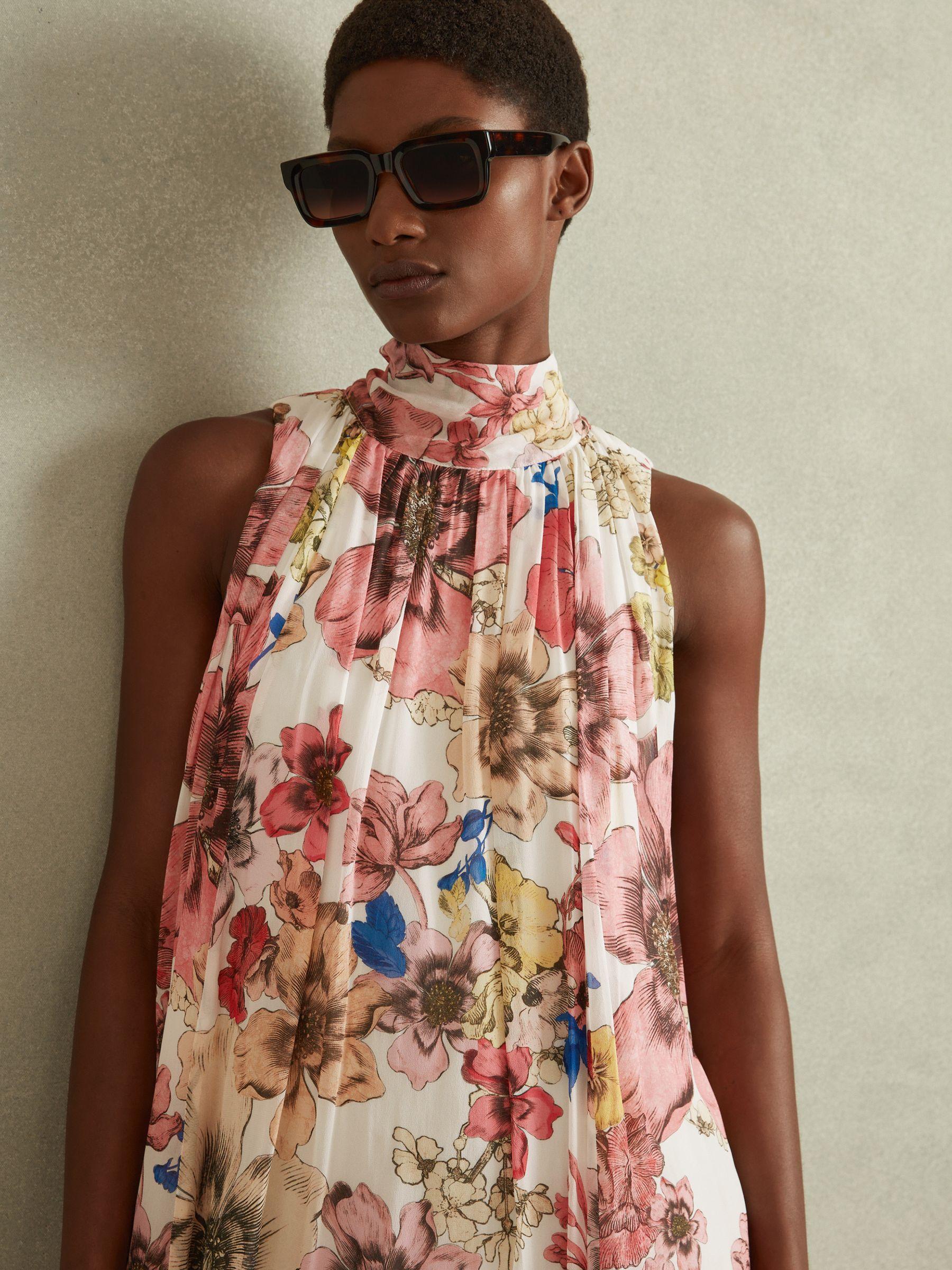 Floral Pleated Tie Neck Mini Dress in Cream/Pink Product Image