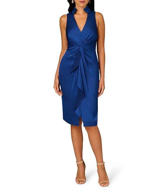 Aidan Mattox Satin Crepe Back Point Collar V-Neck Sleeveless Front Twist Cascade Ruffle Sheath Dress Product Image