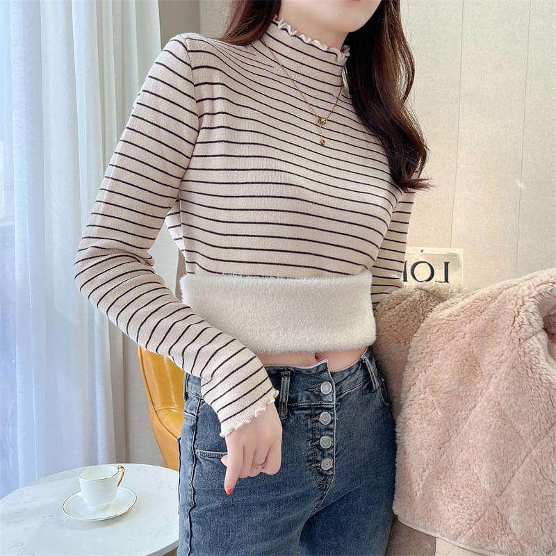 Long Sleeve Ruffle Mock Neck Striped Cropped Knit Top Product Image