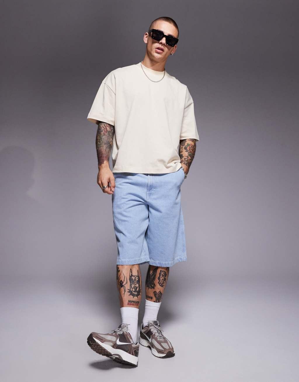 ASOS DESIGN heavyweight oversized boxy drop shoulder T-shirt in cream Product Image